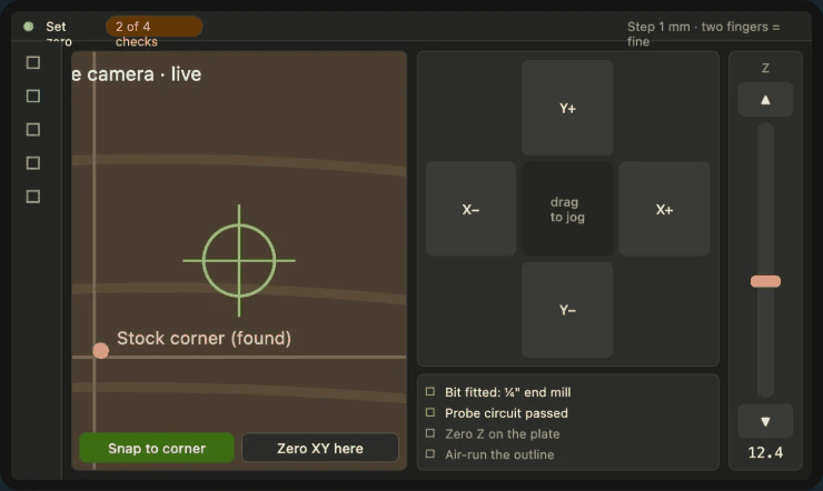 7 inch concept: zeroing with a live spindle camera crosshair, a touch jog pad, a Z slider and the run checklist