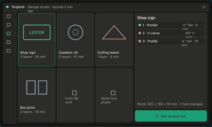 7 inch concept: a grid of project thumbnails with the selected project's steps, bits and a Set up and run button