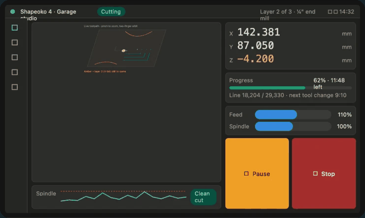 7 inch concept: a job running with the toolpath, X Y Z readouts, progress, feed and spindle overrides, and large Pause and Stop buttons