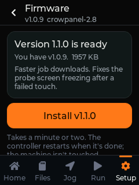 Firmware screen offering version 1.1.0 with an Install button