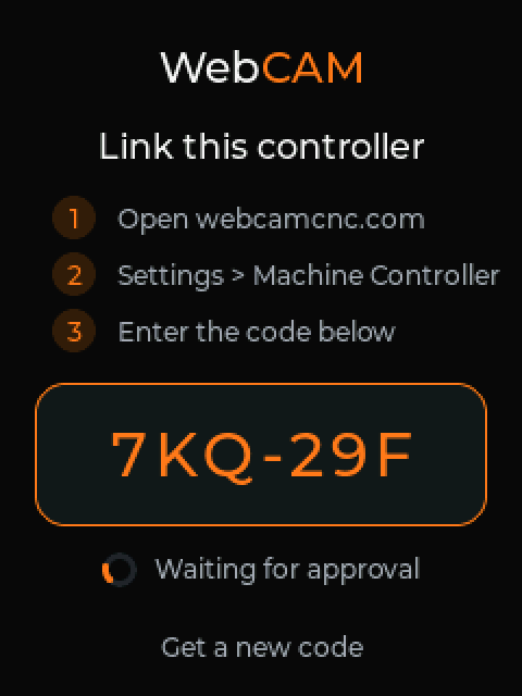 The controller's Link this controller screen showing a six-character pairing code to enter on webcamcnc.com
