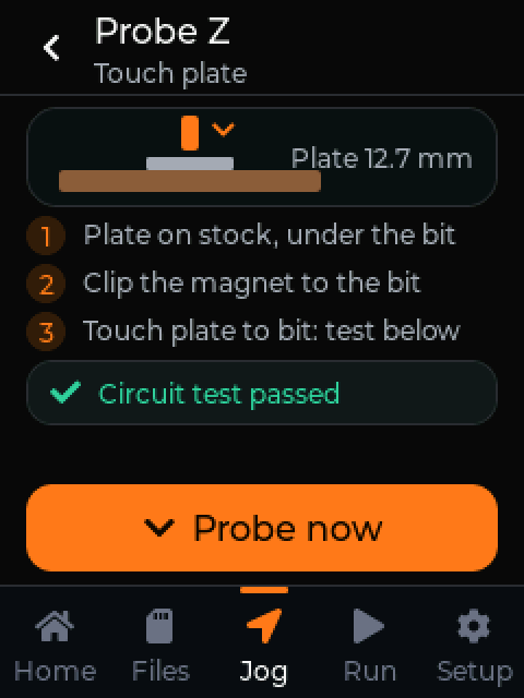 Probe Z screen with touch plate steps and a passed circuit test