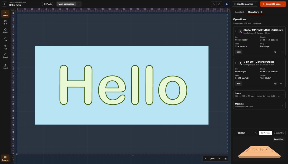 The Cut Studio editor: a Hello sign with two operations, a flat end mill pocket and a V-bit edge finish, and the 3D preview